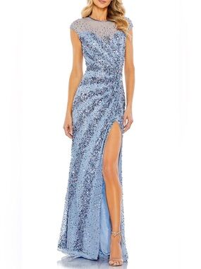 New Mac Duggal Embellished Illusion High Neck Cap Sleeve Gown, Size 4